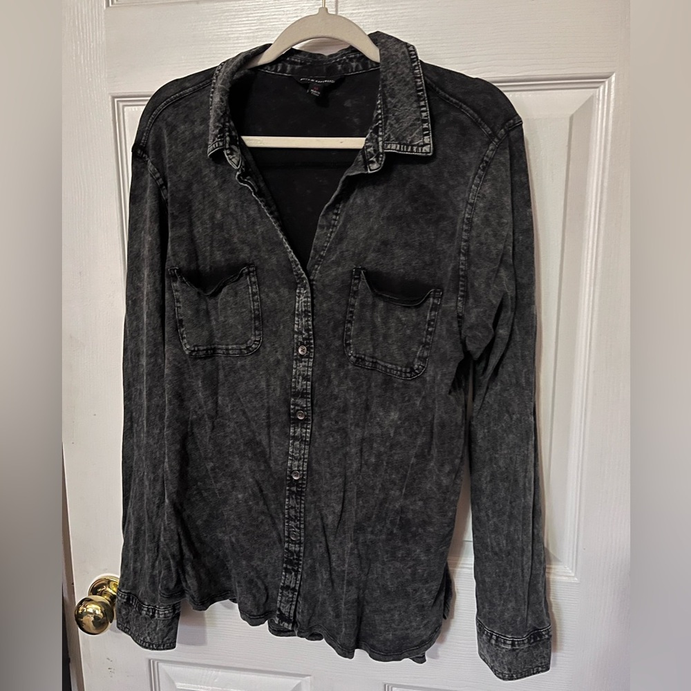 Rock & Republic Dark Grey Distressed Button Down Blouse